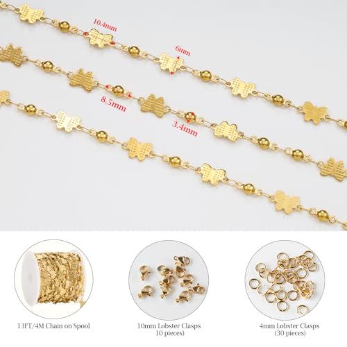 KYUNHOO 13FT/4M Gold Plated Jewelry Chains for Crafts Making Textured Butterfly Chain Link Satellite Bead Stainless Steel Necklace Bulk Jewelry - color: Butterfly Gold