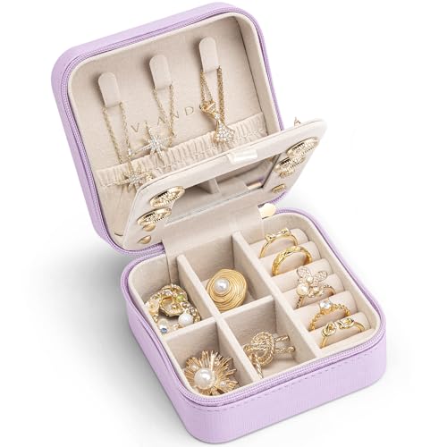 VLANDO Small Travel Jewelry Box Organizer - Girls Women Gift Rings Earrings Necklaces Jewelry Storage Display Case with Mirror Purple - color: Purple, size: B. with Mirror