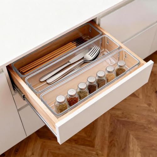 6 Pcs Large Clear Plastic Drawer Organizers Tray 12"x3" Storage Bins with 25 Pcs Non-Slip Pads for Makeup, Jewelries, Kitchen Utensils, Bathroom and Office - size: 12"x3"