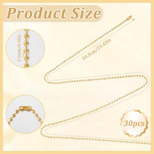 1 Box 30Pcs 24 Inch Ball Chain Necklace Bulk Gold Ball Bead Necklace Chains Metal Adjustable Iron Ball Beads Chain with Connector Clasp for Jewelry Making Chains Supplies DIY Necklace Crafts - color: Gold