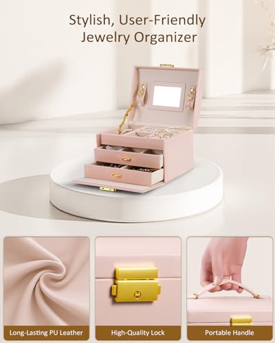 Jewelry Box for Girls Women, 3-Layer Jewelry Organizer with Mirror and Portable Handle, Small Jewellery Organizers for Young Women, Teenage Girl, 17.2 x 13.5 x 12.5 cm Pink