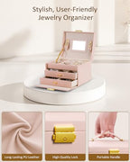 Jewelry Box for Girls Women, 3-Layer Jewelry Organizer with Mirror and Portable Handle, Small Jewellery Organizers for Young Women, Teenage Girl, 17.2 x 13.5 x 12.5 cm Pink