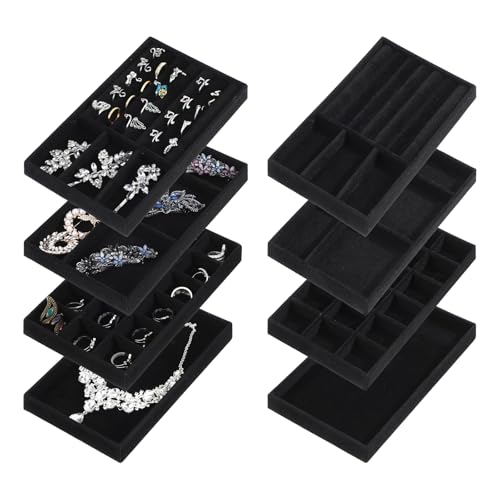 8 Pack 4 Styles Velvet Jewelry Tray, 8" x 5" Jewelry Organizer Tray Stackable Jewelry Storage Tray, Drawer Jewelry Tray for Rings, Earrings, Necklace, Bracelet, Black