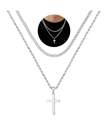 Yooblue Cross Necklace for Men, Gold Black Silver Mens Cross Necklaces Stainless Steel Cross Pendant Necklace Simple Jewelry Gifts Cross Chain Necklaces for Men - color: "Silver, style: 20in/22in