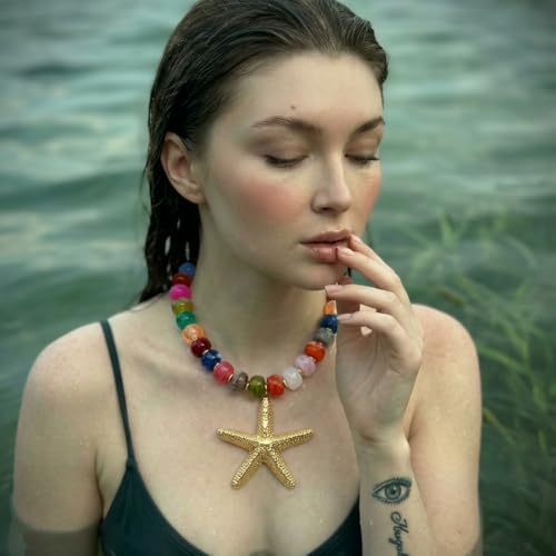 Chunky Beaded Starfish Shell Necklace for Women Colorful Boho Summer Chain Choker Beach Necklace with Acrylic Beads Trendy Chunky Jewelry Gifts - color: XL005F