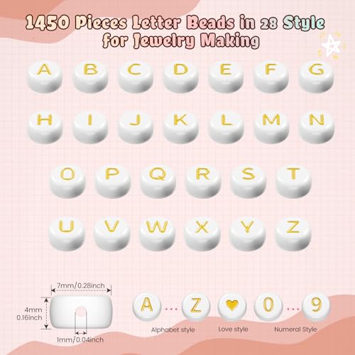 FZIIVQU 1400 Pcs Letter Beads Kit, 28 Styles White Acrylic Alphabet Letter Beads for Jewelry Making wiht Number Heart Bead Friendship Bracelet Kit - color: Golden Alphabet & White Base, size: 4*7mm