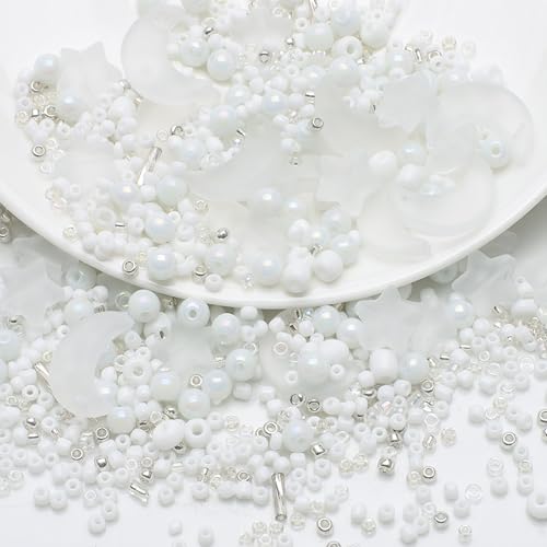 Mixed Star Moon Crystal Glass Beads Seedbeads Loose Round Pearl Beads for Jewelry Making Craft Bracelets Necklaces Earrings DIY Crafts Projects White Glass Spacer Bead Kits for Crafts - color: White