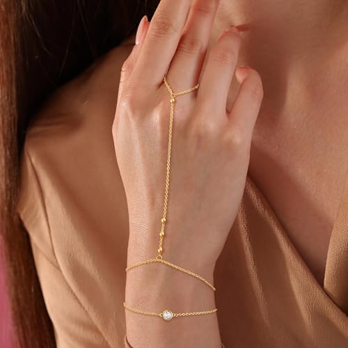 CHESKY 14K Gold Plated Hand Chain Bracelets for Women Set - Dainty Finger Ring Bracelet Stack Adjustable Hand Chains Durable Beaded Bracelets Trendy Simple Body Jewelry Gift for Women - style: bead bracelet