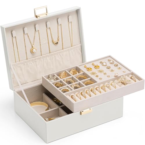 VLANDO Jewelry Box for Women, Gift for Women Girls,2 Layer Jewelry Box,Large Jewelry Organizer for Women Removable Jewelery Tray for Necklace Earrings Rings (Cloud White) - color: Cloud White