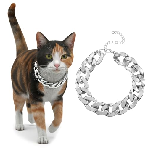 JIEYAO Cat Chain Collar, Adjustable Cuban Link Necklace Silver Chain for Cats Stylish Pet Decorative Accessory (Silver, S) - color: Silver, S