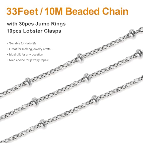 Kyutong Dainty Beaded Chain for Jewelry Making Silver Cable Chain Spool 304 Stainless Steel Chains Link for Women Men Making Jewelry Craft Finding Supplies - color: Cross Bead Silver