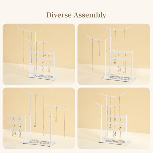 LAMU Jewelry Organizer, 5 Tier Jewelry Stand Display with Anti Entanglement Necklace Holder Tree, Height Adjustable Stroage for Earrings Rings Studs Bracelet, Valentines Day Gifts for Women, White - color: White