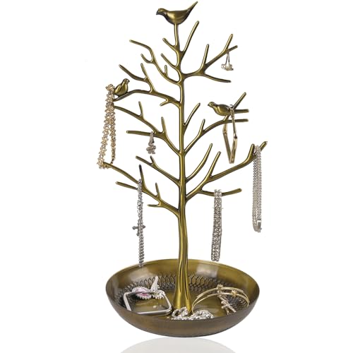 ChezMax Jewelry Display Necklace Earring Organizer Holder Metal Birds Tree Stand with Tray Antique Bracelet Rings Rack Tower Decoration for Women Girl 11.8 Inch - color: B-Metal Antique Greenish