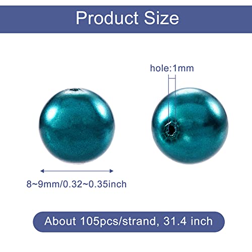 Cheriswelry 100pcs/strand 8mm Round Glass Pearl Beads Strand Tiny Satin Luster Pearl Beads Loose Spacer for DIY Bracelet Necklace Earrings Jewelry Making Crafts Supplies (Teal)