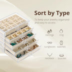 CLUQMEIK Acrylic Jewelry Organizer Box with 5 Drawers, 50 Grids Clear Earring Box Organizer with Adjustable Velvet Trays, Jewelry Storage Organizer for Women Girls, Beige