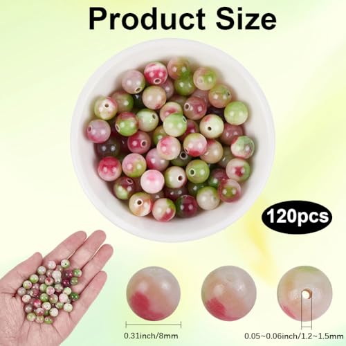 1 Box 120PCS 8MM Natural Watermelon Tourmaline Gemstone Bead with Hole Crystal Round Shape Pink Spacer Loose Stone Persian Jade Beads for Jewelry Making Bracelet Necklace DIY Craft Supply - size: 8mm 120pcs