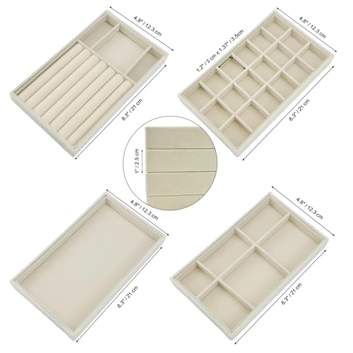 8 Pack Jewelry Organizer for Drawer, Necklace Velvet Storage Display Tray, Stackable Insert Divided Holder for Bracelet Rings Earring Brooch Watch, Beige 4 Styles - style: Modern