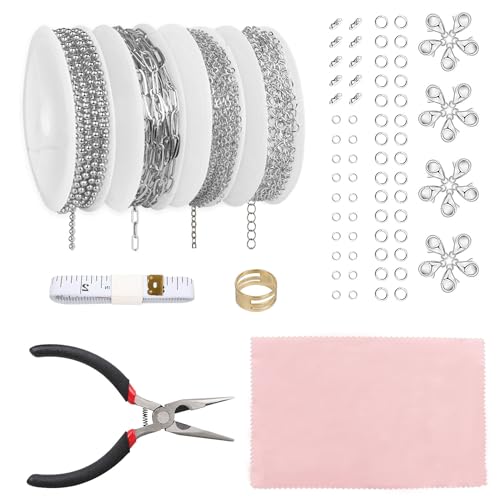 Fesorsi Silver Chain for Jewelry Making, 29.5ft 4 Style Steel Jewelry Chain, Electroplating Process, for DIY Necklace Chains, Tassel Pendants, with Jump Ring, Lobster Clasp, Pliers - color: Silver, size: 29.5ft 4Style