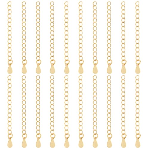 Beebeecraft 1 Box 20Pcs Bracelet Extender Chains 18K Gold Plated Brass Necklace Extenders Cable End Chain with Teardrop Charm Tabs for Jewelry Making (5.3cm/2.08in) - color: Gold-teardrop