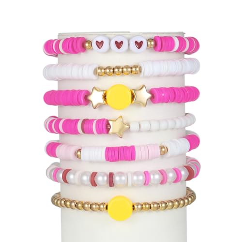 COLORFUL BLING 5-12Pcs Bohemian Love Heart Bead Bracelets for Women Vinyl Disc Heishi Surfer Stackable Stretch Bracelet Summer Beach Boho Jewelry - color: 7pcs pink face