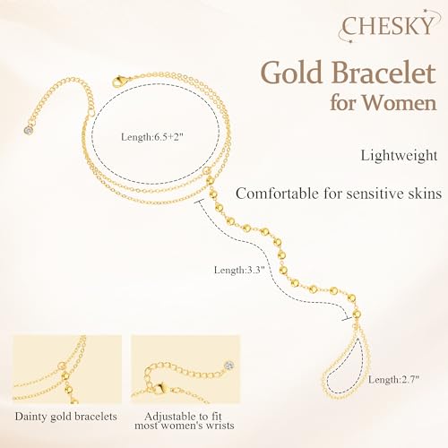 CHESKY 14K Gold Plated Hand Chain Bracelets for Women Set - Dainty Finger Ring Bracelet Stack Adjustable Hand Chains Durable Beaded Bracelets Trendy Simple Body Jewelry Gift for Women - style: 3beaded bracelet-gd