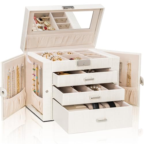 AKOZLIN 4-Tier Jewelry Box Lockable Leather Jewelry Storage Case Organizer with 3 Drawers for Women Girls Ring Necklace Earring Bracelet Watches Holder with Mirror - color: Woodgrain White-silver, size: Large-4 Layer
