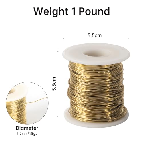18 Gauage(1 mm),1 Pound 218FT Spool Brass Wire for Jewelry Making, Beading,Yellow Brass, Round, Dead Soft - size: 18 Gauage(1 mm),1 Pound