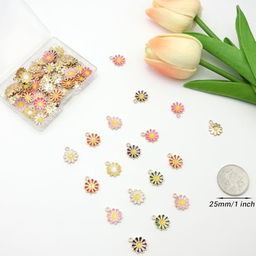 70Pcs Daisy Flower Charms 7 Color Alloy Enamel Sunflower Charms Spring Floral Pendants 11×11mm for Jewelry Making DIY Craft Necklace Bracelets Dangle Earring Keychain Bag