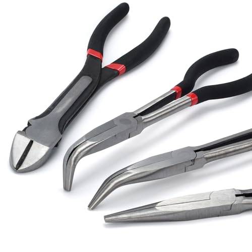 4-Piece 11" Extra Long Needle Nose Pliers Set with Insulated Comfort Grip, Straight Long Reach, 45/90°Bent Nose & Diagonal Pliers for Bending, Shaping & Trimming in Narrow Spaces - size: 4Pcs-Straight/45/90