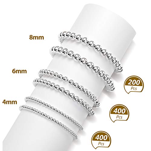 WILLBOND 1200 Pcs Round Spacer Beads for Jewelry Making 4/6/8 mm Smooth Ball Beaded Seamless Loose Ball Embellishments with Holes for Stackable Bracelet Craft(Silver) - color: Silver