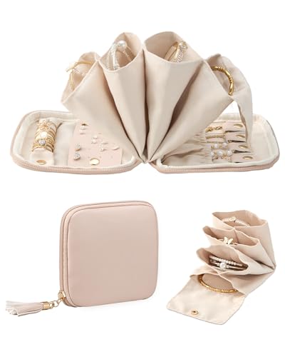 Lolalet Travel Jewelry Case Organizer, Small Jewellery Pouch with Compartments for Storage, Soft Velvet Bag for Traveling Women, Full-Zip Packing for Necklaces, Earrings, Bracelets -Apricotpink - color: Apricotpink