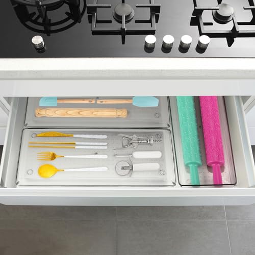 6 Pcs Large Clear Plastic Drawer Organizers Tray 15" x 6.3" Storage Bins with 25 Pcs Non-Slip Pads for Makeup, Jewelries, Kitchen Utensils, Bathroom and Office - size: 15"x6"