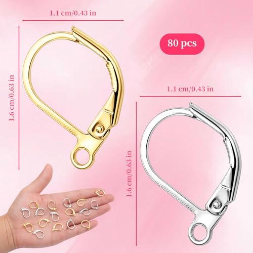 80 Pcs Leverback Earring Hooks - Stainless Steel Lever Back Earrings Clasps, Hypoallergenic French Ear Hooks & Clasps, Women Leverback Earring Findings for Earrings DIY Jewelry Making (Gold, Silver)