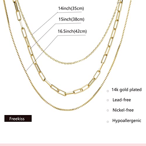 Freekiss Women's Layered Necklace Set - 3 Piece Dainty Gold Jewelry for Everyday Stacking | 14K Gold Plated Snake Chain, Rope Chain, Cuban Chain | Adjustable Length 14-18.5 Inch | Gift Ready - color: Gold, style: Paperclip+O Chain+Box Chain