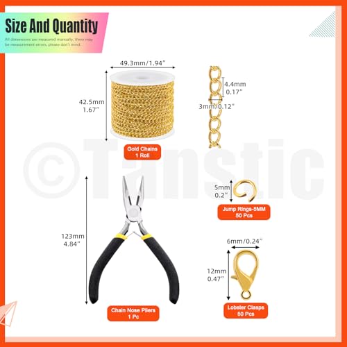Tanstic 102Pcs 30 Feet Jewelry Making Chains Necklace Chains Bulk Cable Link Chain with 50Pcs Jump Rings, 50Pcs Lobster Clasps, Pliers for Bracelet Necklace Making(Gold) - color: Gold