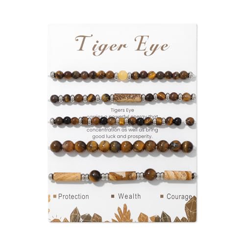 5Pcs Crystal Bracelet for Women Spiritual Natural Stone Bracelet Set Stackable Beaded Bracelets Healing Crystal Bracelet Gemstone Bead Bracelet Beaded Stretch Bracelets for Women - style: Tiger Eye