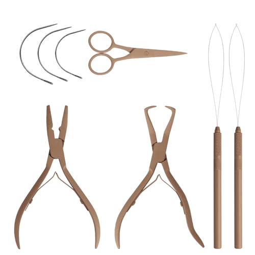 GlamorDove Hair Extension Pliers Kit Microlink Pliers for Extensions Hair Extension Beading Tool Hair Needle Pulling Hook Hair Styling Bead Closer and Remover Pliers, Brown - color: Brown