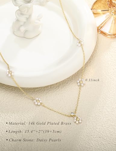 Dainty Gold Necklace for Women Trendy 14K Gold Plated Pearl Cross Clover Butterfly CZ Charm Pendant Chain Station Necklaces Waterproof Non Tarnish Layered Choker Cute Jewelry Gifts - color: G-pearl