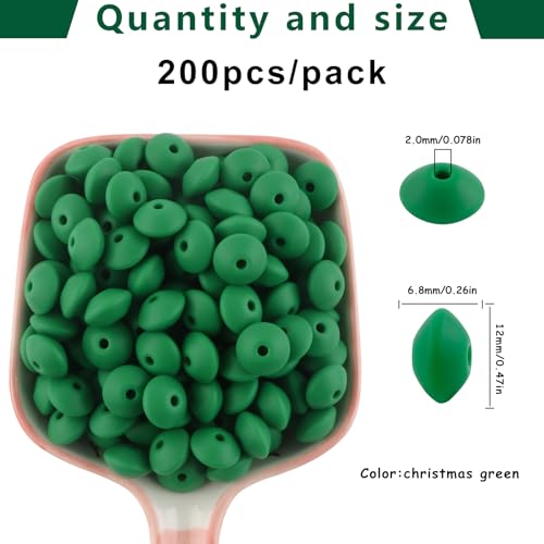 Sunrony 200Pcs Silicone Lentil Beads for Keychain Making, Bulk 12mm Silicone Abacus Spacer Beads for Necklace Bracelet Making Pens (Christmas Green) - color: D-Christmas green