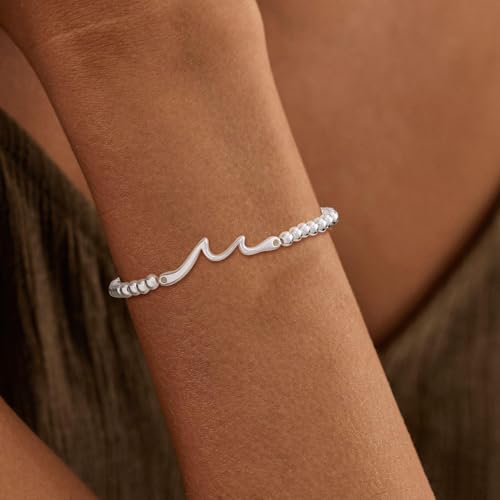 Mothers Day Gifts - Beaded Bracelets for Women 14K Silver Gold Plated Stretch Handmade Ball Bracelets Cute Charm Bracelet Dainty Stackable Cross Heart Bow Wave CZ Circle Trendy Jewelry Easter Gifts - color: wave-silver