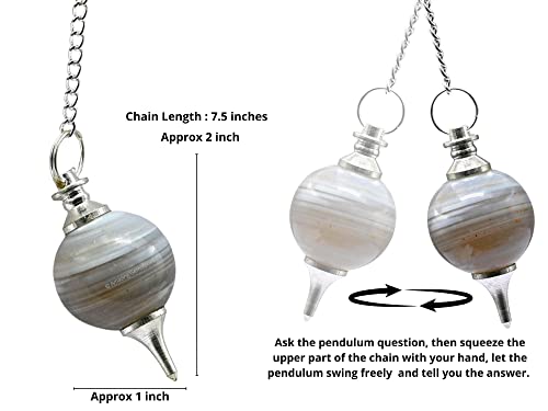Amazing Gemstone Lace Agate Crystal Ball Pendulum for Divination - Dowsing Pendulum Necklace with Chain and Quartz Bead for Reiki Healing and Crystal Grid Meditation - color: Lace Agate