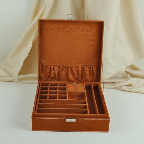 Jewelry Boxes 10 x 10 Inches 2-layer Handle Necklace Holder Organizer Jewellery Women Rings Storage Display Girls Earrings Case Lockable Jewelry Tray GY641 (Caramel) - color: Caramel