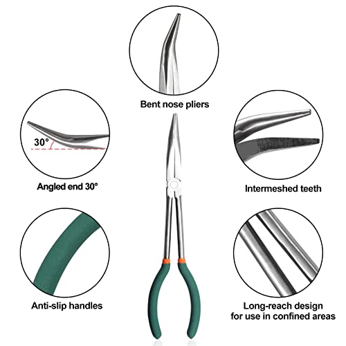 SPEEDWOX Long Reach Bent Nose Pliers 11 Inches 30 Degree Intermeshed Teeth Precision Fine Pliers for Hard to Reach Narrow Spaces High Leverage Reduce Efforts Non-slip Handle - style: 30°Bent Nose Pliers