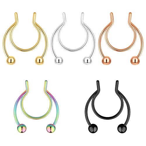 20G Fake Nose Rings Hoop Clip-on Stainless Steel Septum Jewelry Non Piercing Fake Cartilage Earring Lip Rings Faux Nose Ring Piercing Jewelry for Women Men - color: Set F