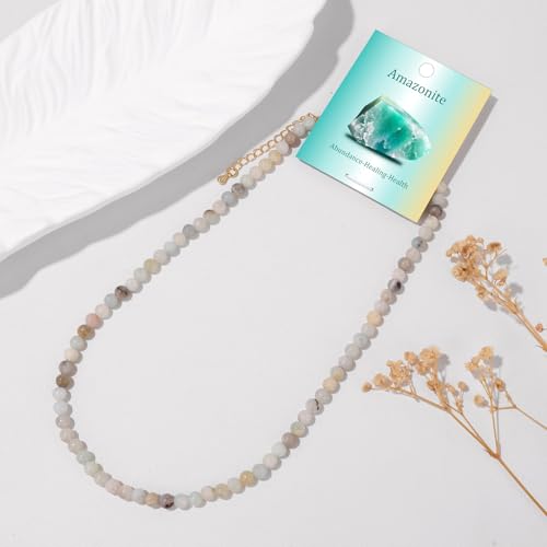 Crystal Choker Necklaces for Women,4mm Handmade Natural Stone Choker Beaded Necklace Healing Crystal Necklace Gemstone Bead Necklaces for Women - color: Amazonite