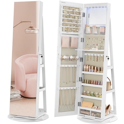 SONGMICS 6 LEDs Lockable Mirror Jewelry Cabinet, 360° Swivel Jewelry Organizer Armoire Standing, Full-Length Mirror with Storage, Mothers Day gifts for Mom, White Surface, Greige Lining UJJC007W02V1 - color: White + Greige