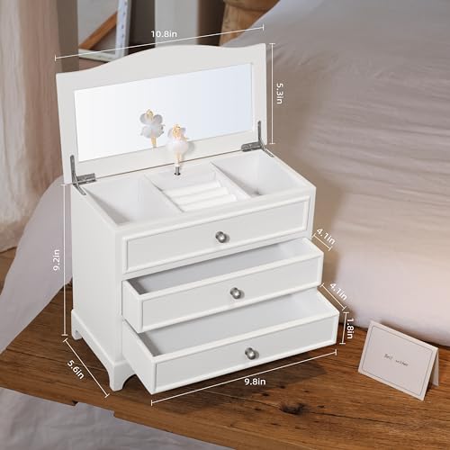 White Ballerina Musical Jewelry Box with Mirror for Girls and Women,Jewelry Storage Box, for Birthday,Valentine's Day and All Holidays,Great Gift for Daughter, Wife