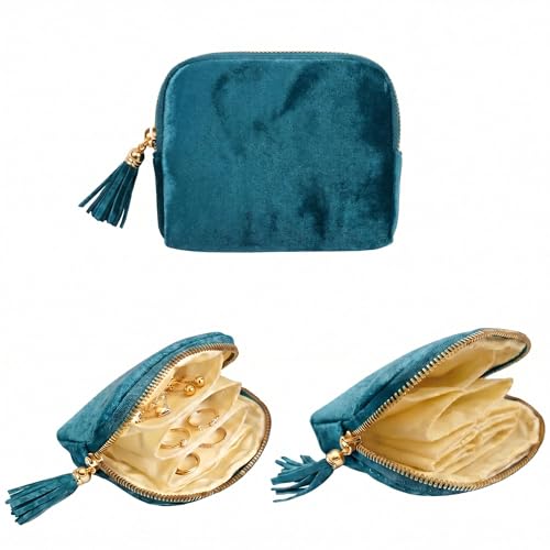 5.3" x 4.7" Small Travel Jewelry Case, Velvet Pouch with Tassel Zipper, Portable Organizer for Rings Earrings Bracelets, Anti-Scratch Storage for Travel & Daily Use (Peacock Blue) - color: Peacock Blue