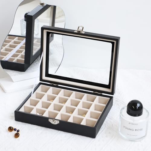 Wudygirl 24 Grid Jewelry Box Velvet Jewelry Organizer with Clear Lid Ring Holder for Drawers Earring Holder Organizer Ring Storage Jewelry Display Case for Women Girls (Beige) - style: Black Beige 24 Grid