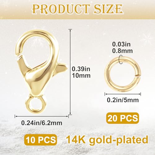 30pcs Lobster Claw Clasps & Jump Rings, 14K Gold Plated Metal Lobster Clasps, Jump Rings Jewelry Finding Kit for Necklace Bracelet Jewelry Making - color: 14K Gold-30pcs